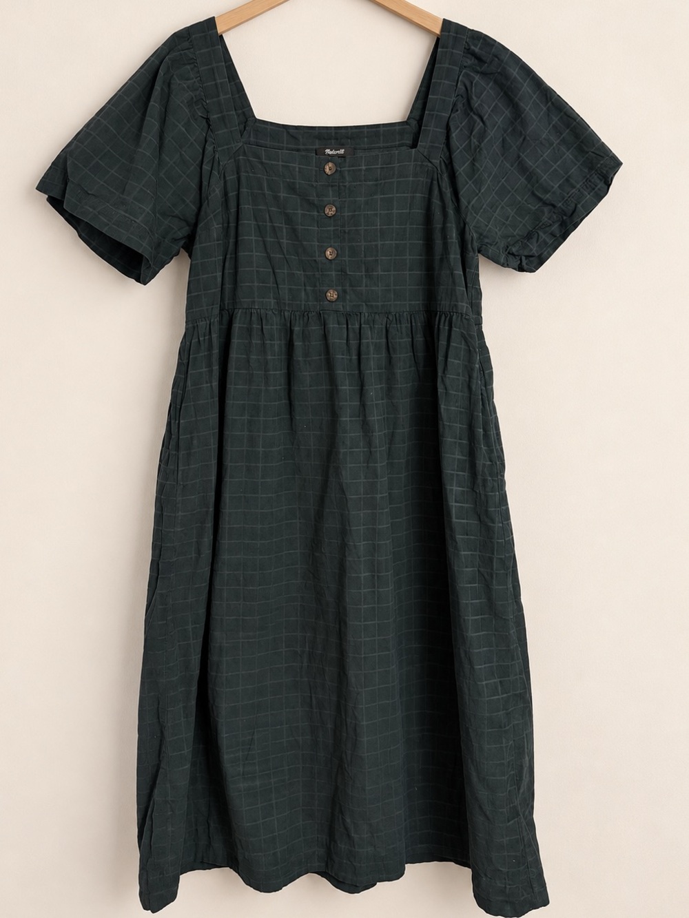 Madewell Dark Green Checkered Square Neck Puff Sleeve Midi Dress Size L
